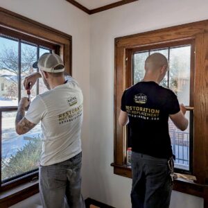 Two men installing window, wearing company shirts.